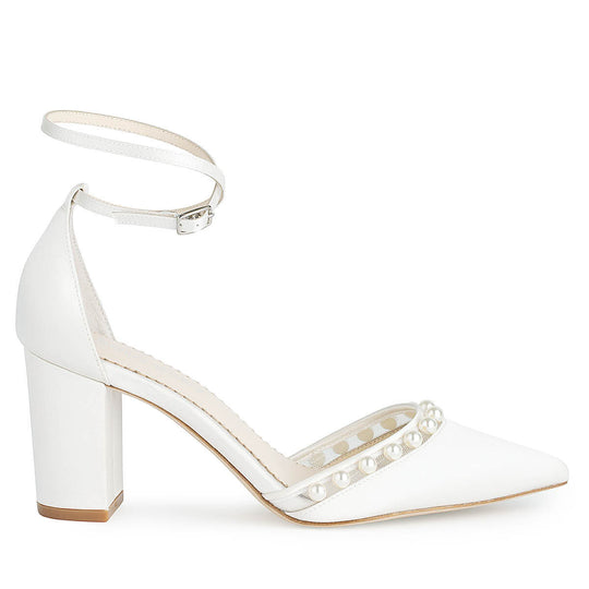 Bella Belle Emery Double Ankle Strap Ivory Pearl Block Heel