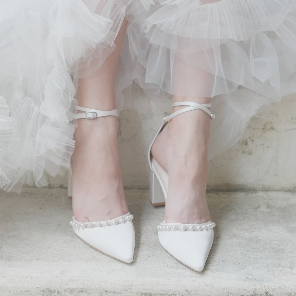 Bella Belle Emery Double Ankle Strap Ivory Pearl Block Heel