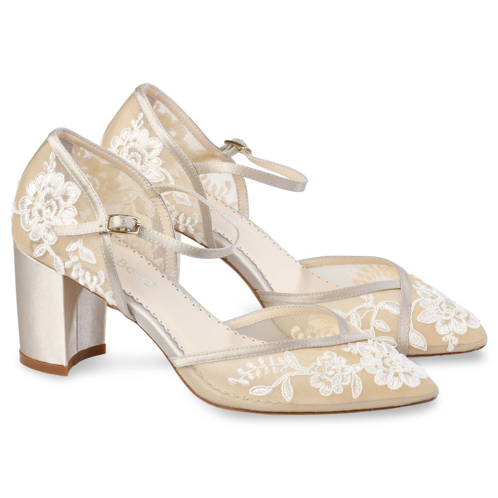 Bella Belle Shoes Chelsea Dorsay Nude Lace Wedding Block Heel