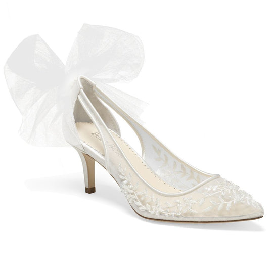 Bella Belle Shoes Esther Floral Beaded Lace Wedding Kitten Heel With Tulle Bow Esther Ivory