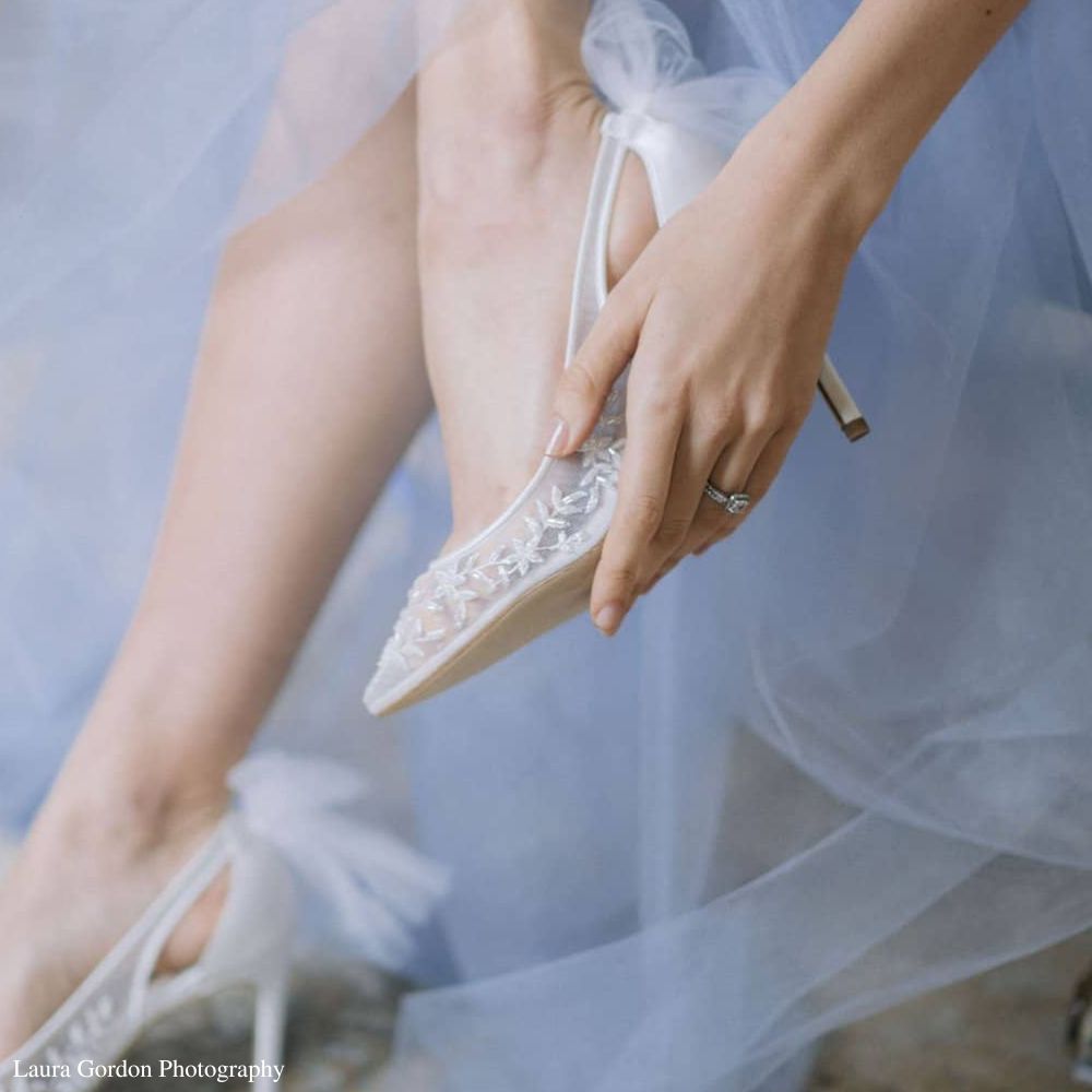 Bella Belle Shoes Esther Floral Beaded Lace Wedding Kitten Heel With Tulle Bow Esther Ivory