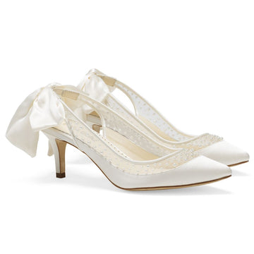 Bella Belle Shoes Georgia Ivory Pearl Slingback Wedding Kitten Heel with Silk Bow